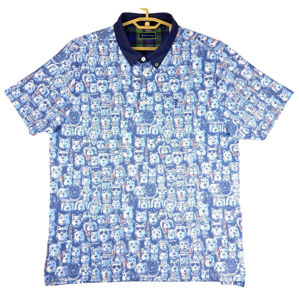 William Murray Mens XL Blue Dog Print Golf Polo Shirt Performance Stretch Short